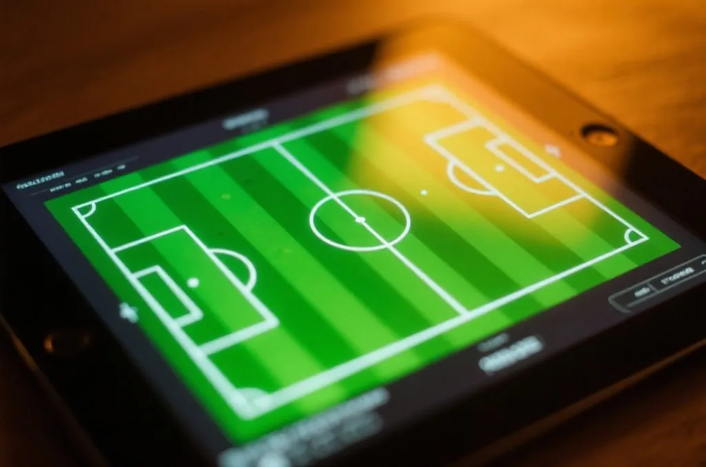Tactical soccer pitch diagram on digital screen showing analysis data