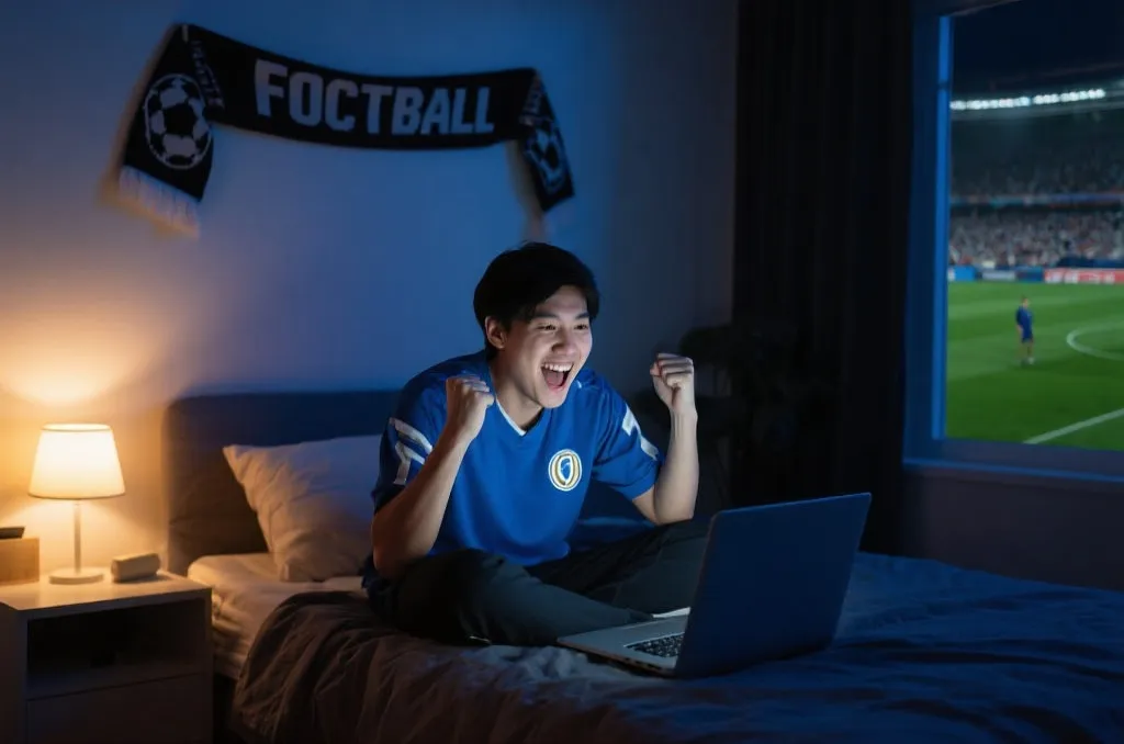 An Asian football fan watching a live match on a laptop screen at night in a cozy room