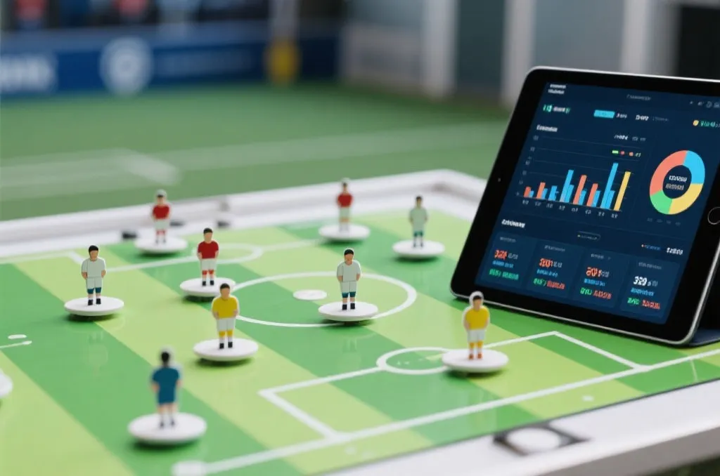 Tactical soccer board and a tablet displaying match statistics charts