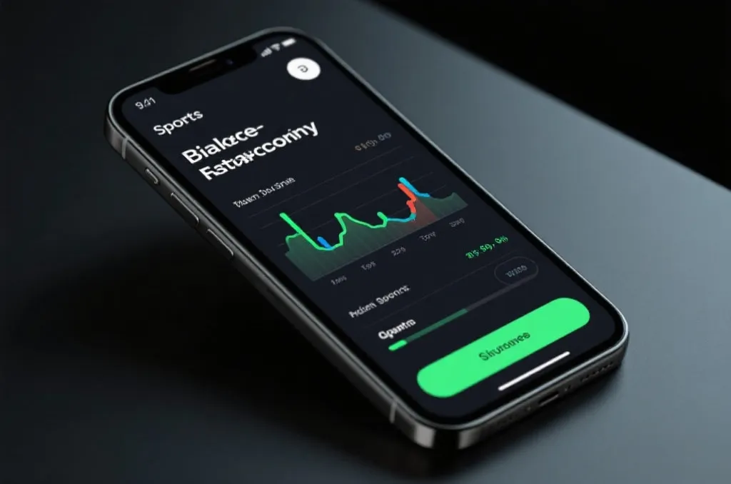 A modern smartphone displaying a sleek sports app interface with real-time statistics and live football stream