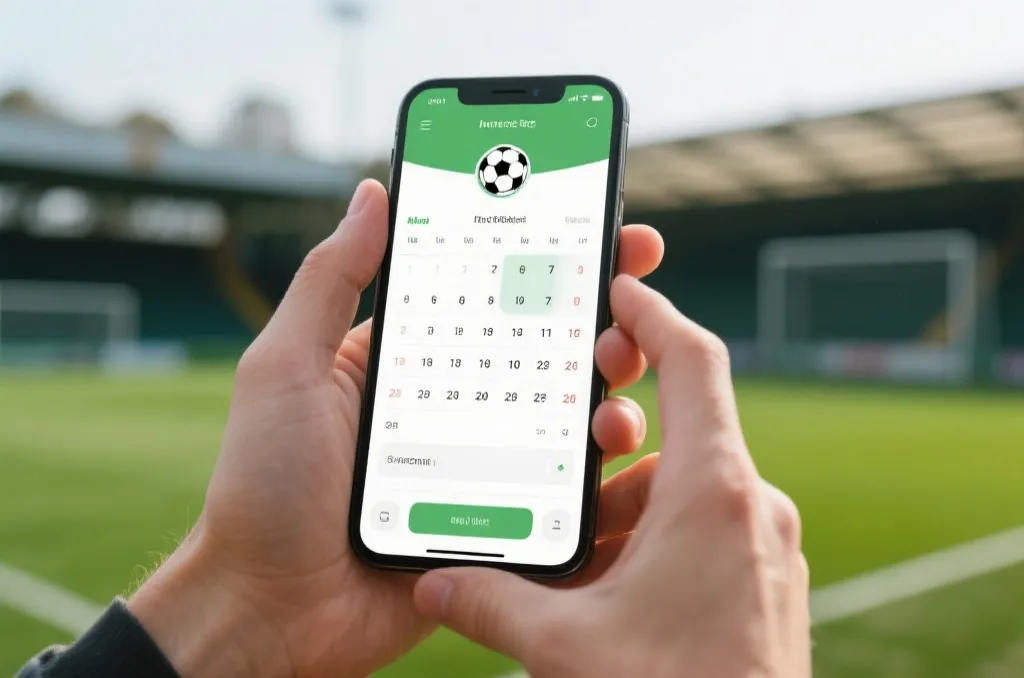 Smartphone displaying football match schedule with green grass background