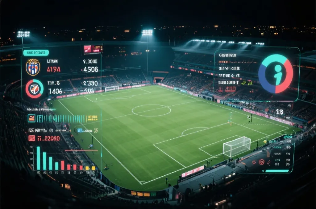 Vibrant soccer stadium under night lights with futuristic digital statistics interface overlay
