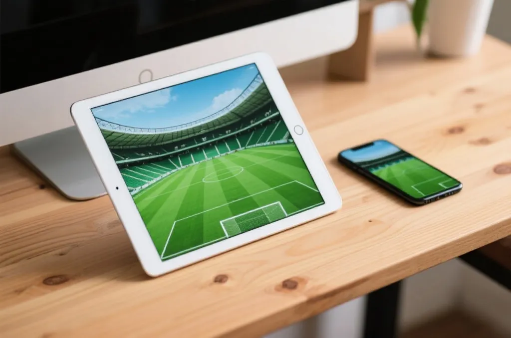 an unbranded tablet and smartphone displaying a generic green football stadium on screens, modern wooden desk